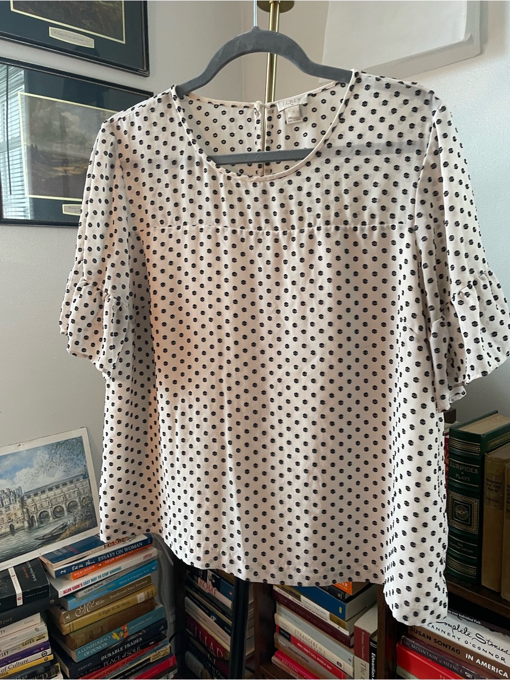 J. Crew Cream Blouse with Black Polka Dots